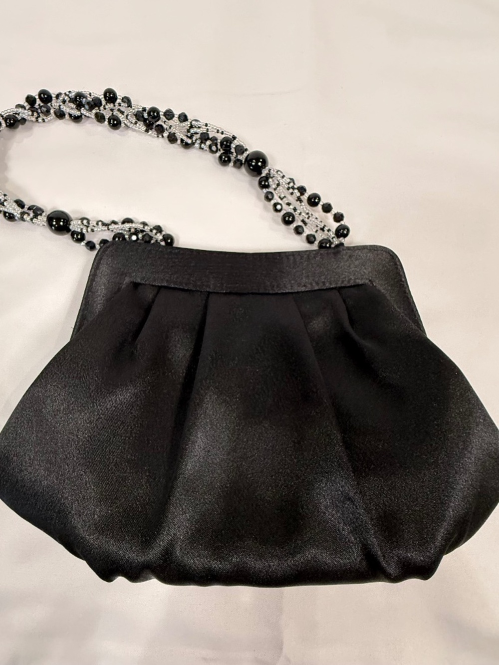 Black Satin Evening Bag Pleated Clutch Purse Beaded Handle Formal Wedding
